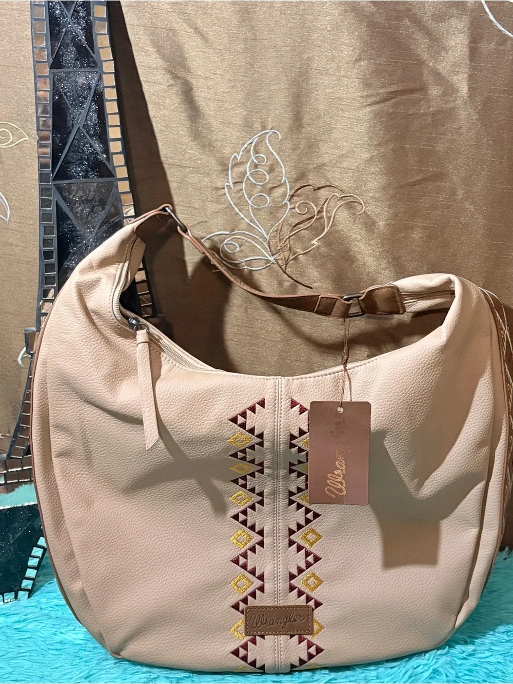 Wrangler By Montana West Aztec Embroidered Large Hobo Bag PU +Leather NWT